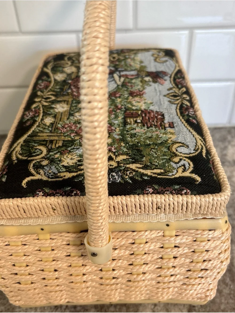 Vintage Azar Sewing Basket Tapestry, Wicker- Full Of Sewing Supplies- W/ Handle